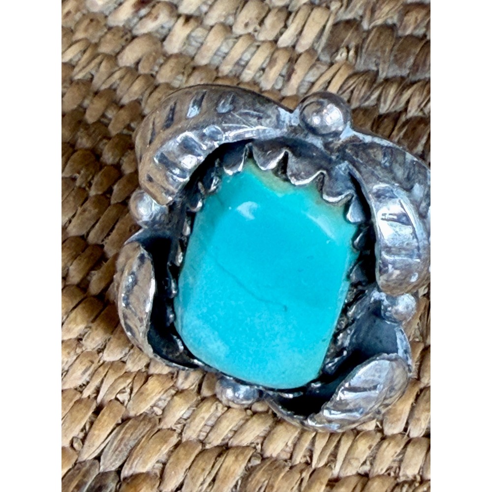 Vintage Sterling Silver Turquoise Leaf Ring Southwestern Size 6 3/4